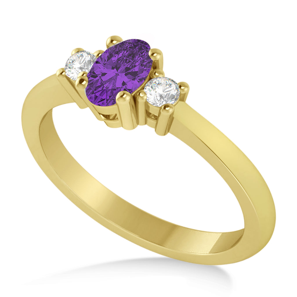 Small Oval Amethyst & Diamond Three-Stone Engagement Ring 14k Yellow Gold (0.60ct)