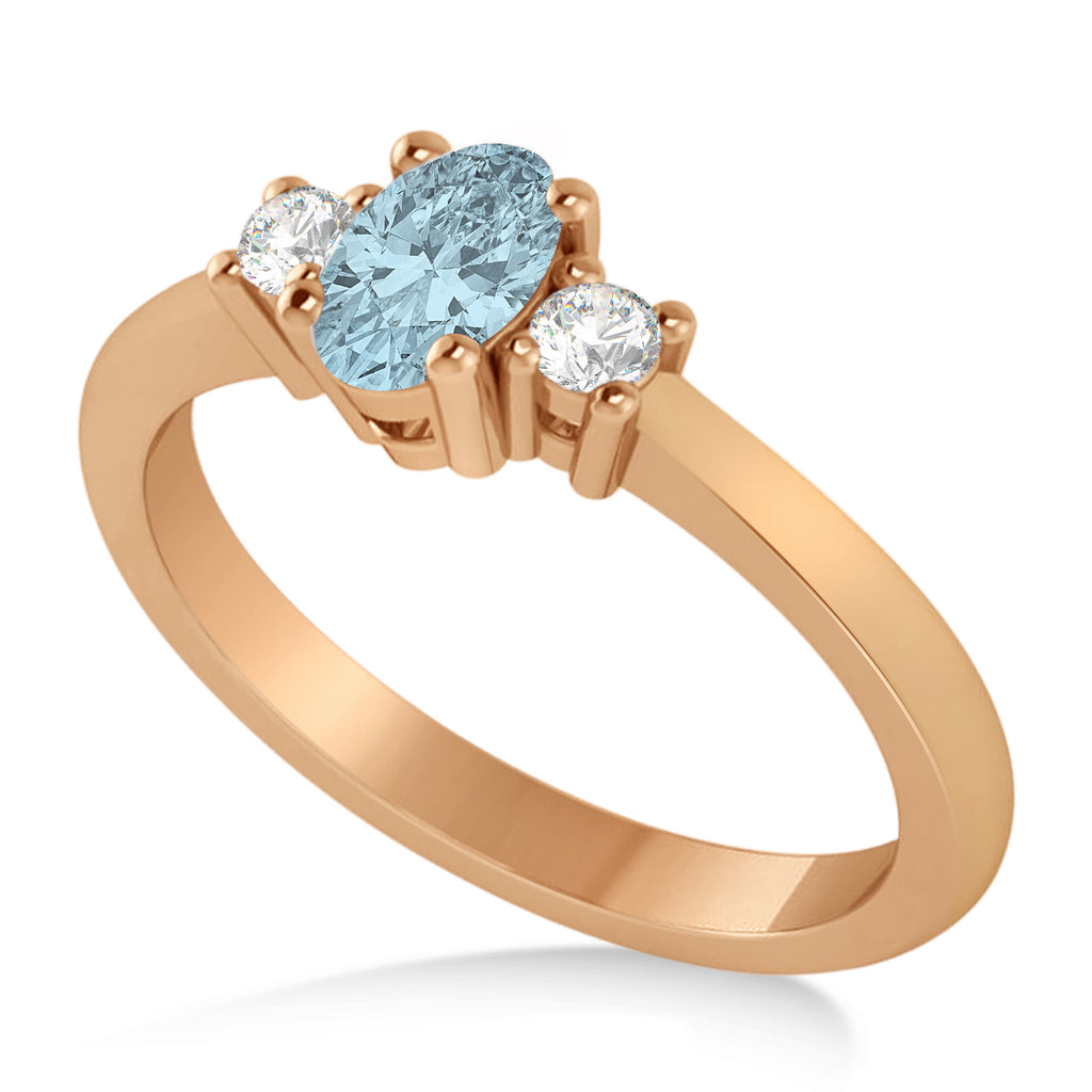 Small Oval Aquamarine & Diamond Three-Stone Engagement Ring 14k Rose Gold (0.60ct)