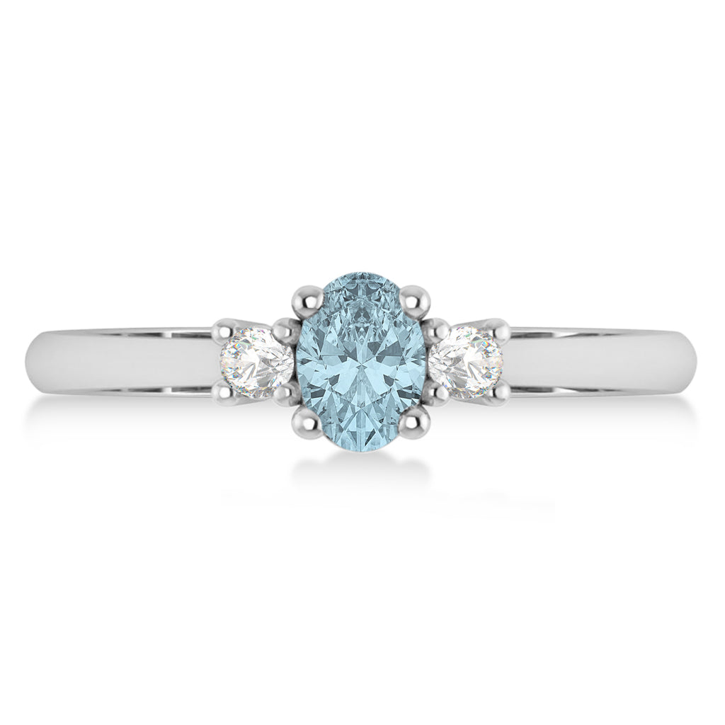 Small Oval Aquamarine & Diamond Three-Stone Engagement Ring 14k White Gold (0.60ct)