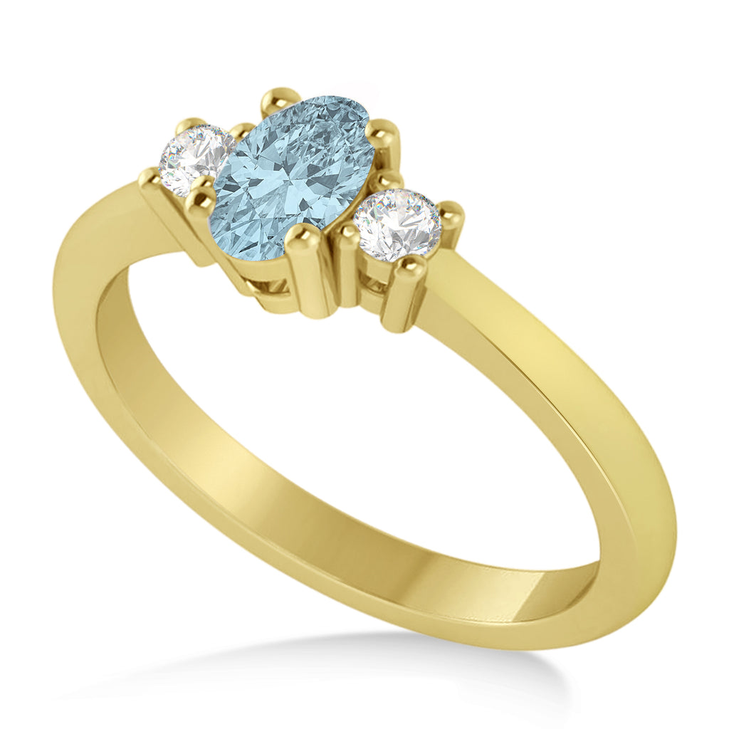 Small Oval Aquamarine & Diamond Three-Stone Engagement Ring 14k Yellow Gold (0.60ct)
