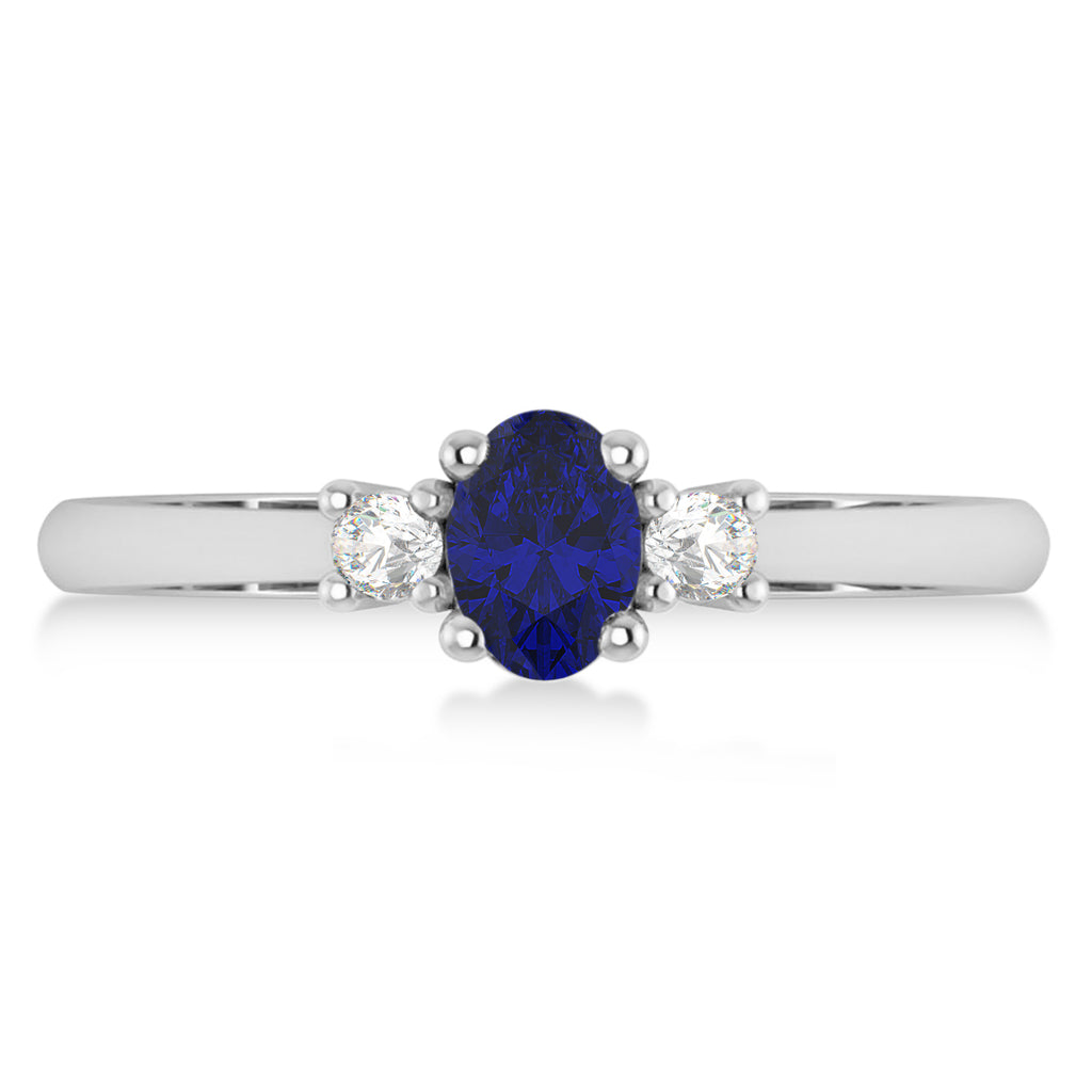 Small Oval Blue Sapphire & Diamond Three-Stone Engagement Ring 14k White Gold (0.60ct)
