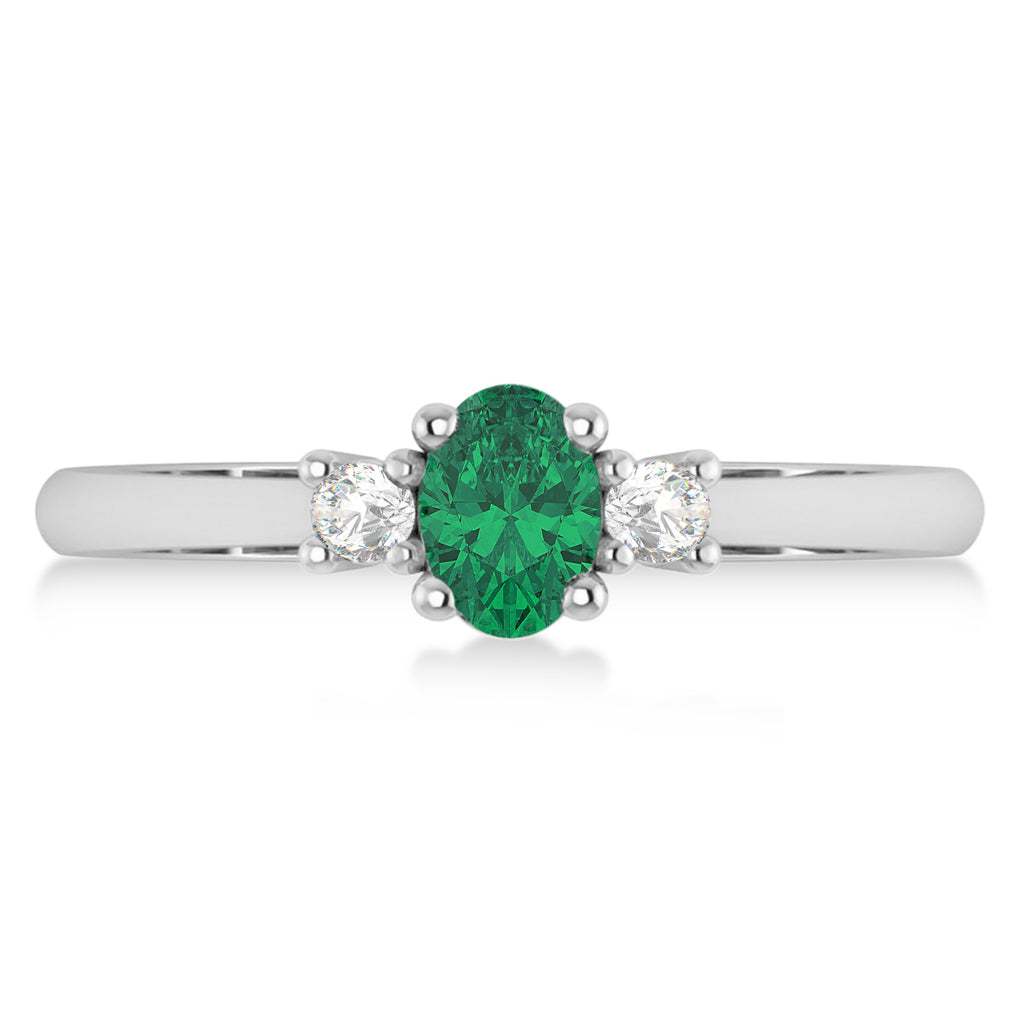 Small Oval Emerald & Diamond Three-Stone Engagement Ring 14k White Gold (0.60ct)