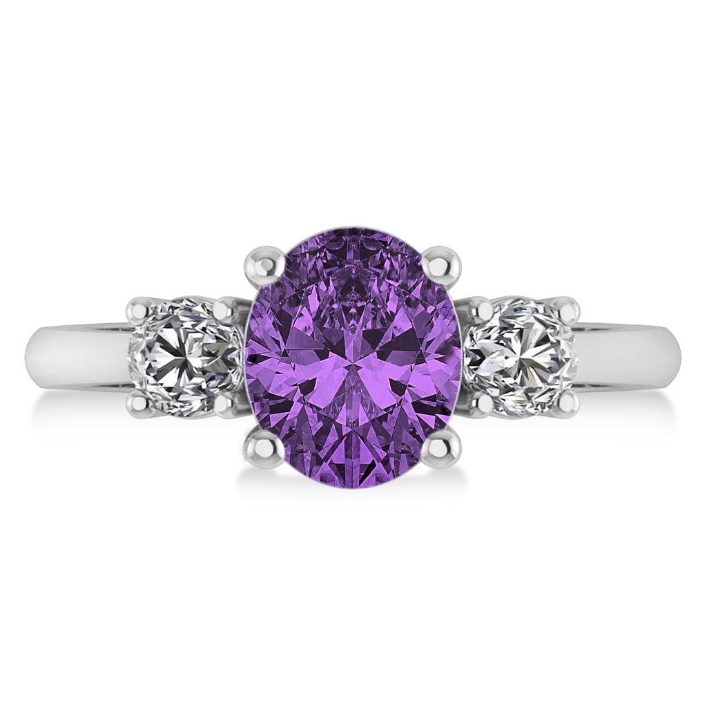 Oval & Round 3-Stone Amethyst & Diamond Engagement Ring 14k White Gold (3.00ct)