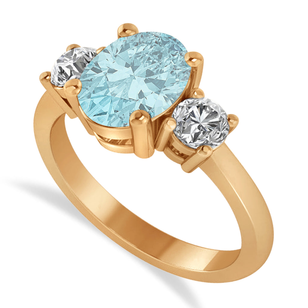 Oval & Round 3-Stone Aquamarine & Diamond Engagement Ring 14k Rose Gold (3.00ct)