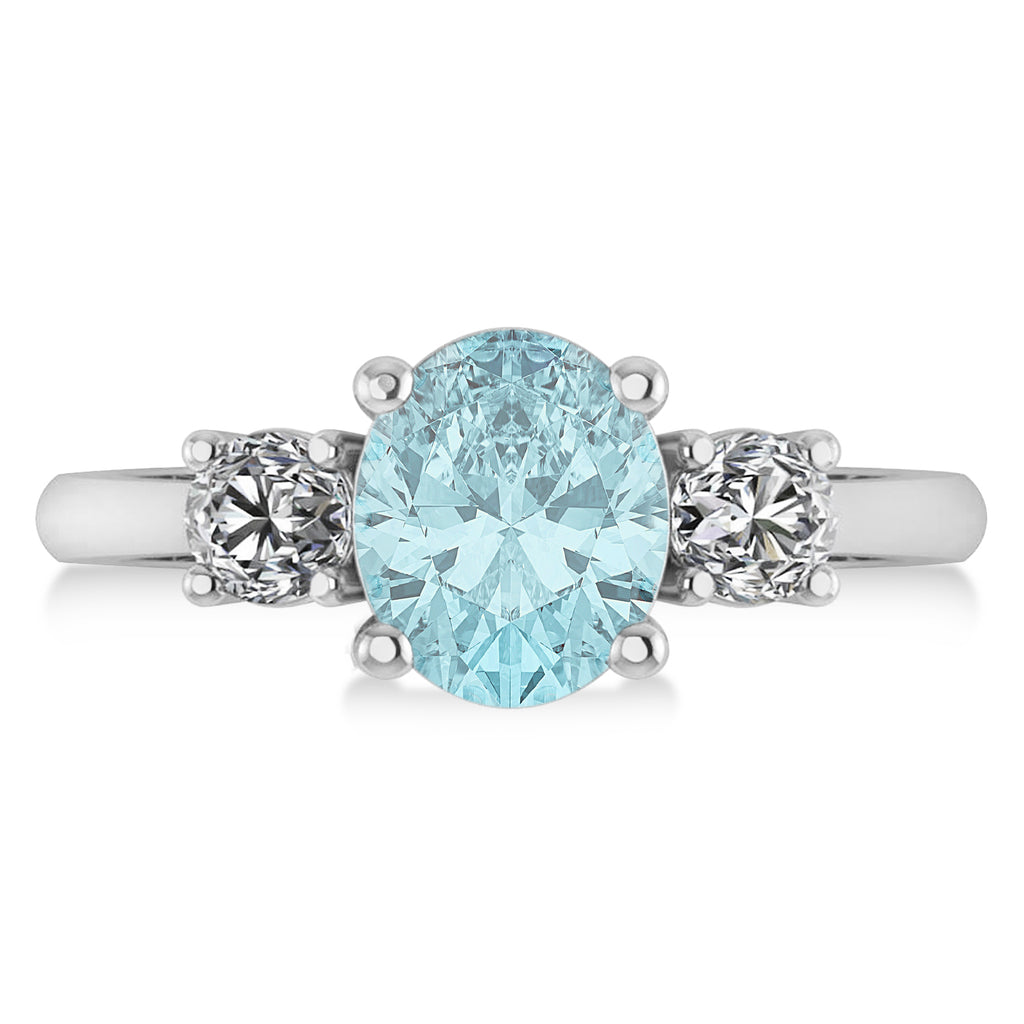 Oval & Round 3-Stone Aquamarine & Diamond Engagement Ring 14k White Gold (3.00ct)