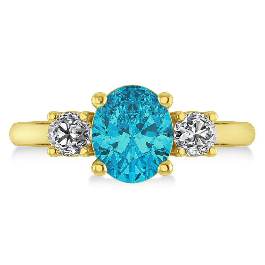 Oval & Round 3-Stone Blue & White Diamond Engagement Ring 14k Yellow Gold (3.00ct)