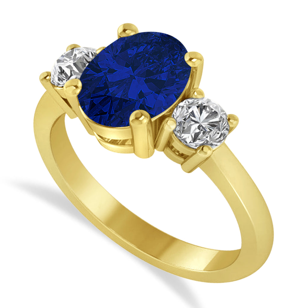 Oval & Round 3-Stone Blue Sapphire & Diamond Engagement Ring 14k Yellow Gold (3.00ct)