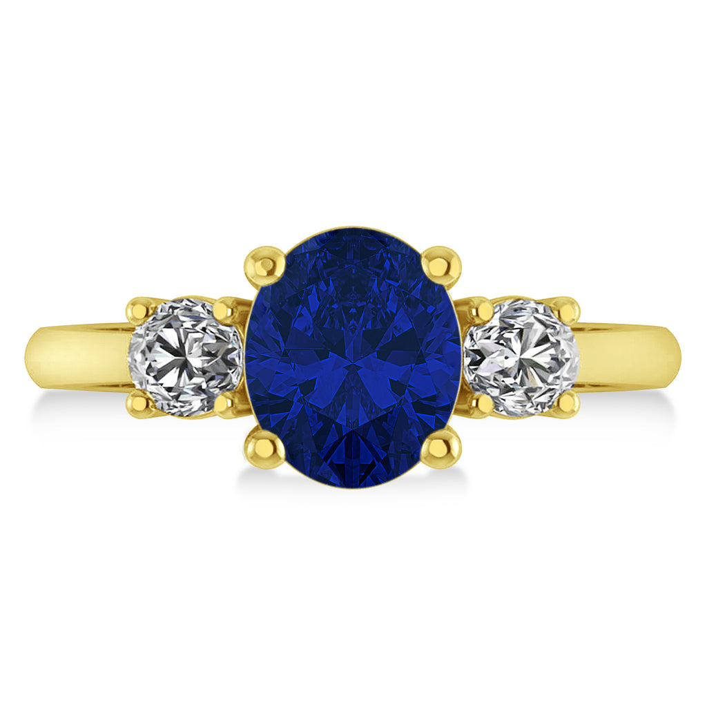 Oval & Round 3-Stone Blue Sapphire & Diamond Engagement Ring 14k Yellow Gold (3.00ct)