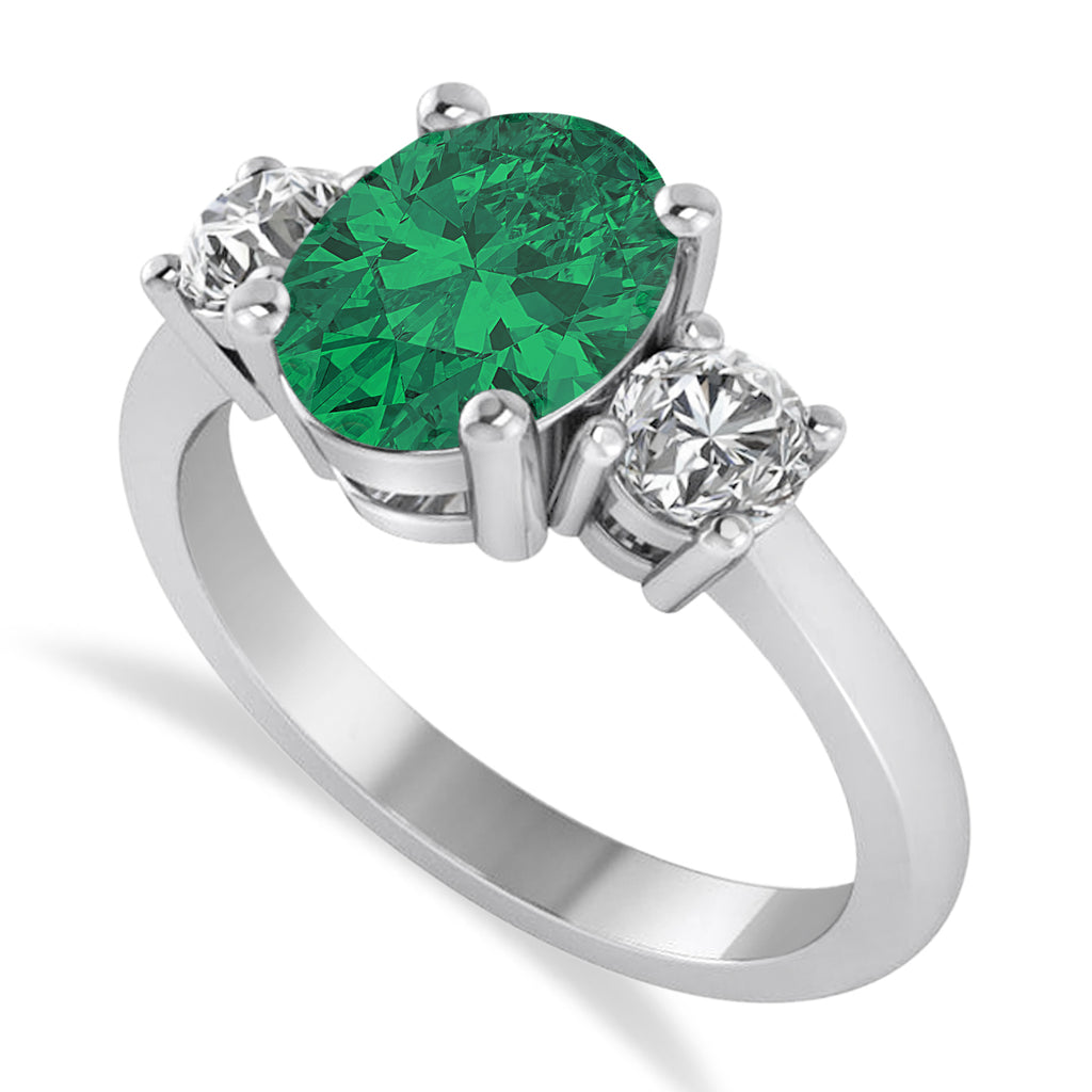 Oval & Round 3-Stone Emerald & Diamond Engagement Ring 14k White Gold (3.00ct)