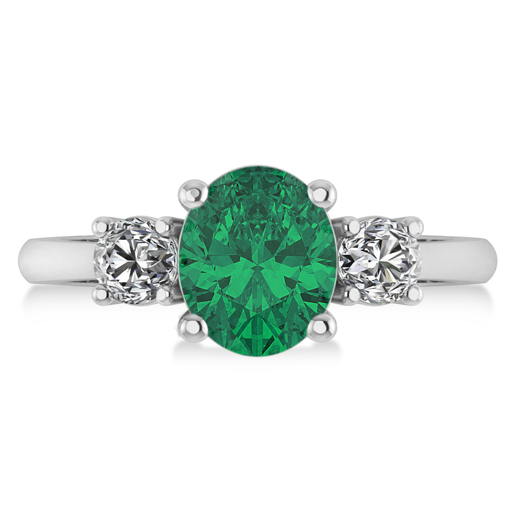 Oval & Round 3-Stone Emerald & Diamond Engagement Ring 14k White Gold (3.00ct)