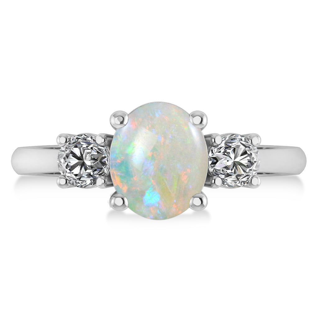 Oval & Round 3-Stone Opal & Diamond Engagement Ring 14k White Gold (3.00ct)
