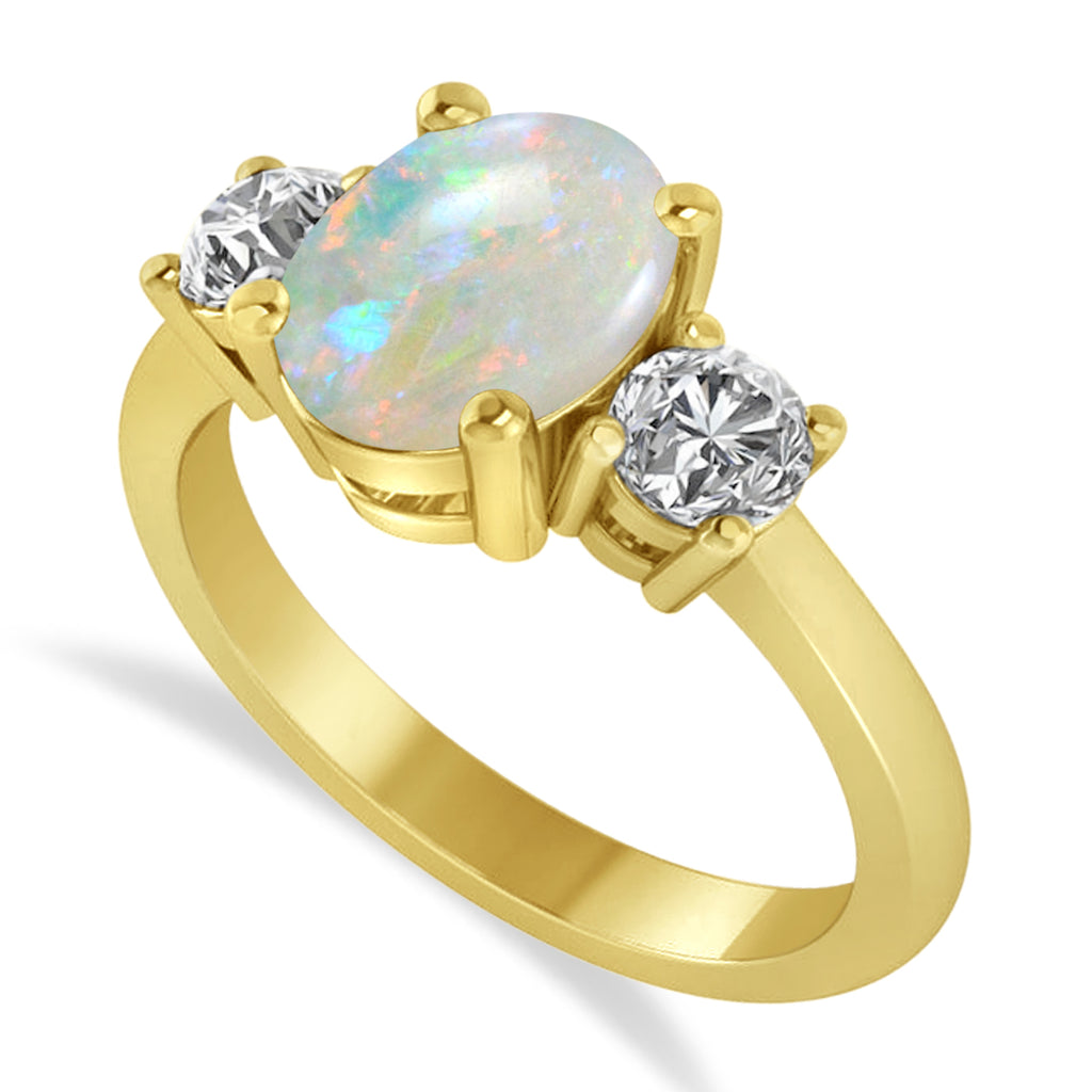 Oval & Round 3-Stone Opal & Diamond Engagement Ring 14k Yellow Gold (3.00ct)