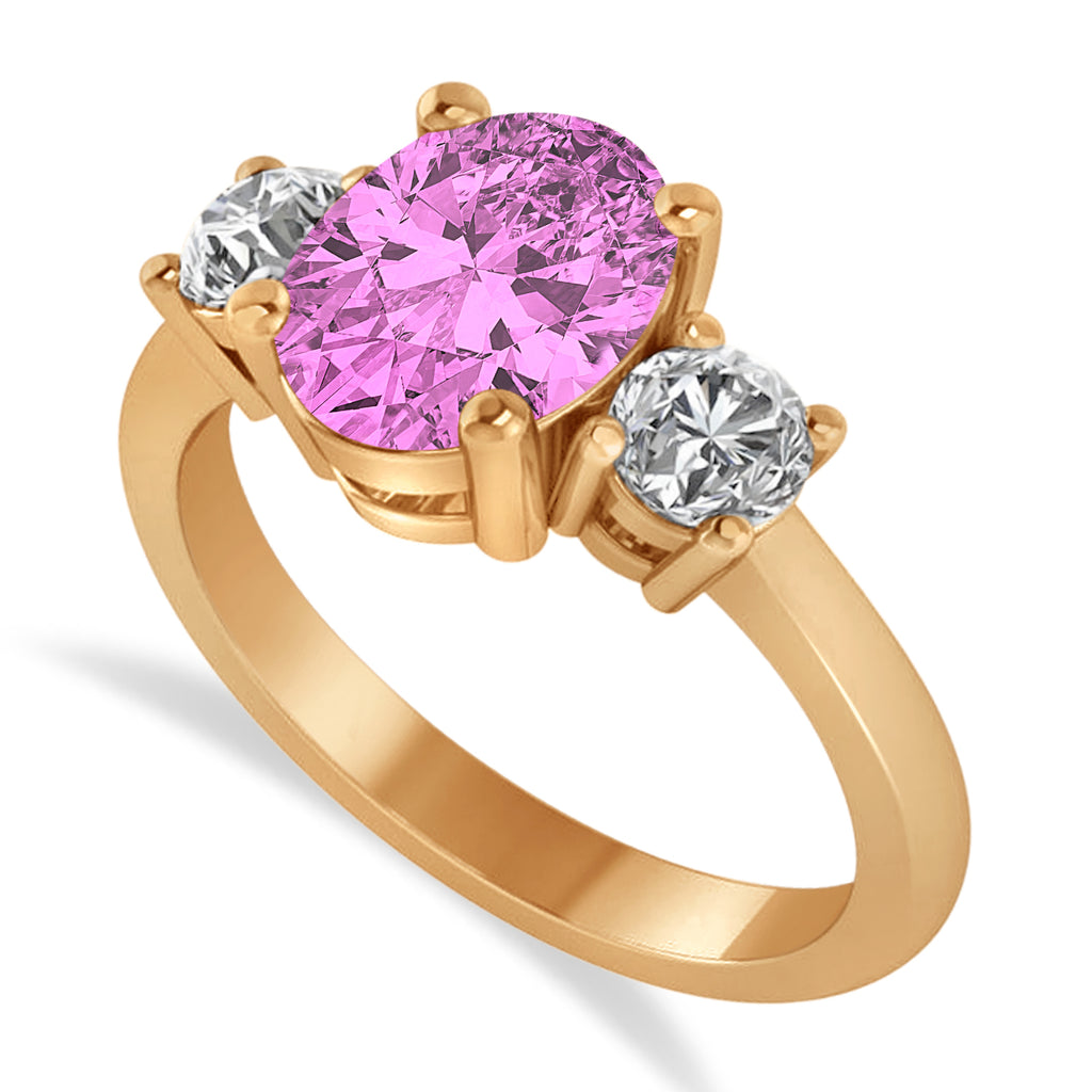 Oval & Round 3-Stone Pink Sapphire & Diamond Engagement Ring 14k Rose Gold (3.00ct)