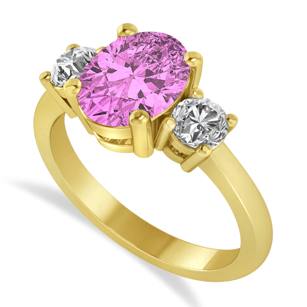 Oval & Round 3-Stone Pink Sapphire & Diamond Engagement Ring 14k Yellow Gold (3.00ct)