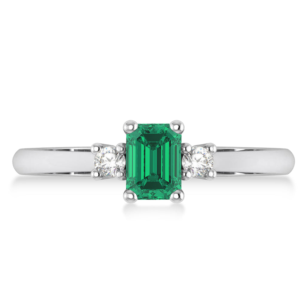 Emerald-Cut Emerald & Diamond Three-Stone Engagement Ring 14k White Gold (0.60ct)