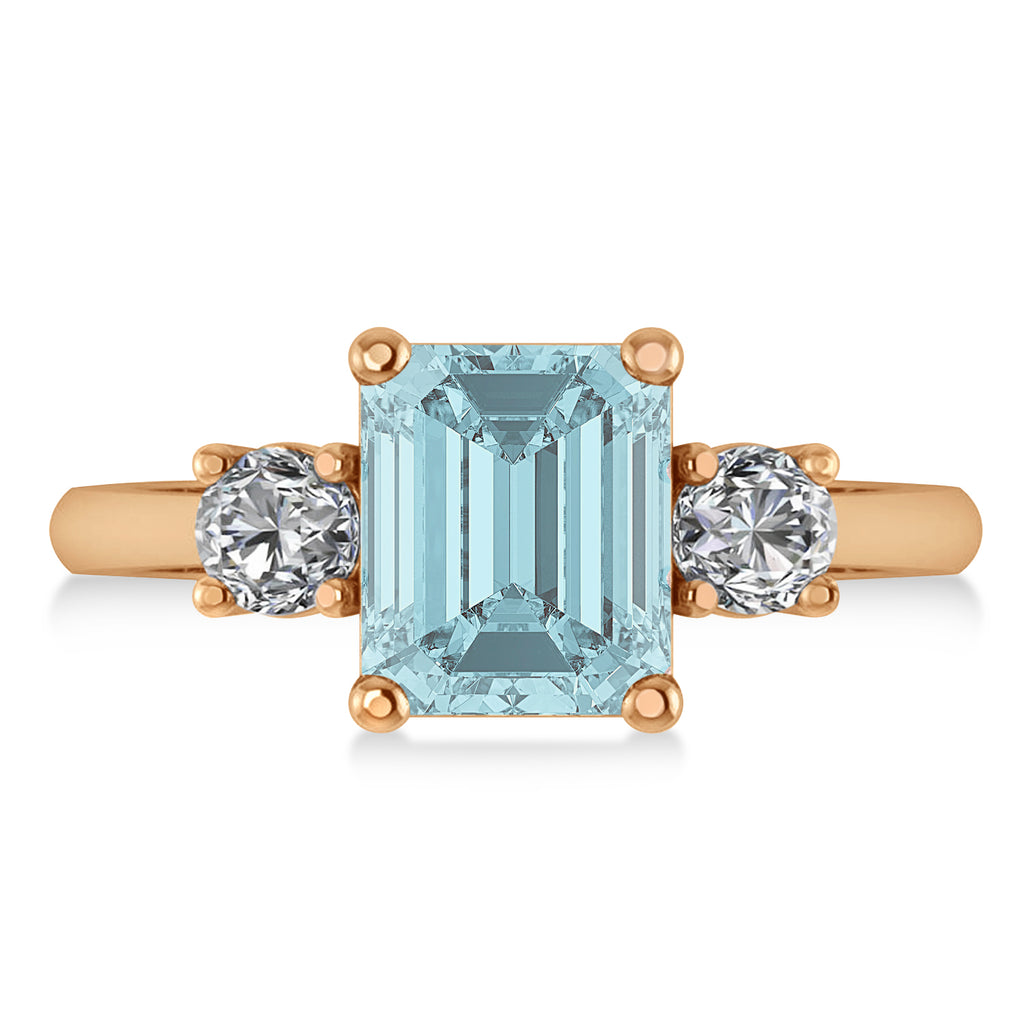 Emerald & Round 3-Stone Aquamarine & Diamond Engagement Ring 14k Rose Gold (3.00ct)