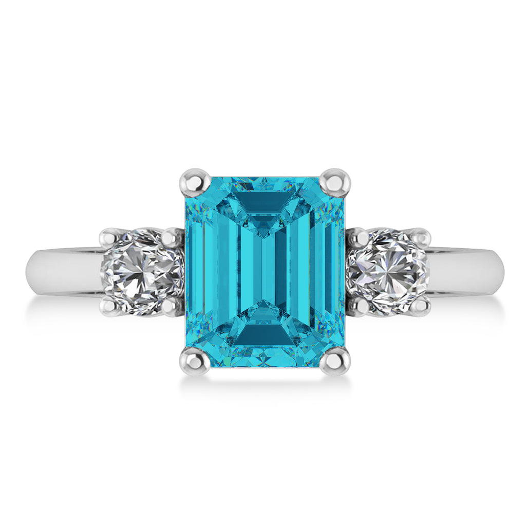 Emerald & Round 3-Stone Blue & White Diamond Engagement Ring 14k White Gold (3.00ct)