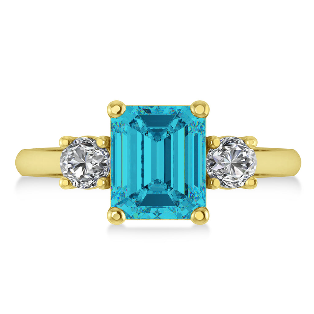 Emerald & Round 3-Stone Blue & White Diamond Engagement Ring 14k Yellow Gold (3.00ct)