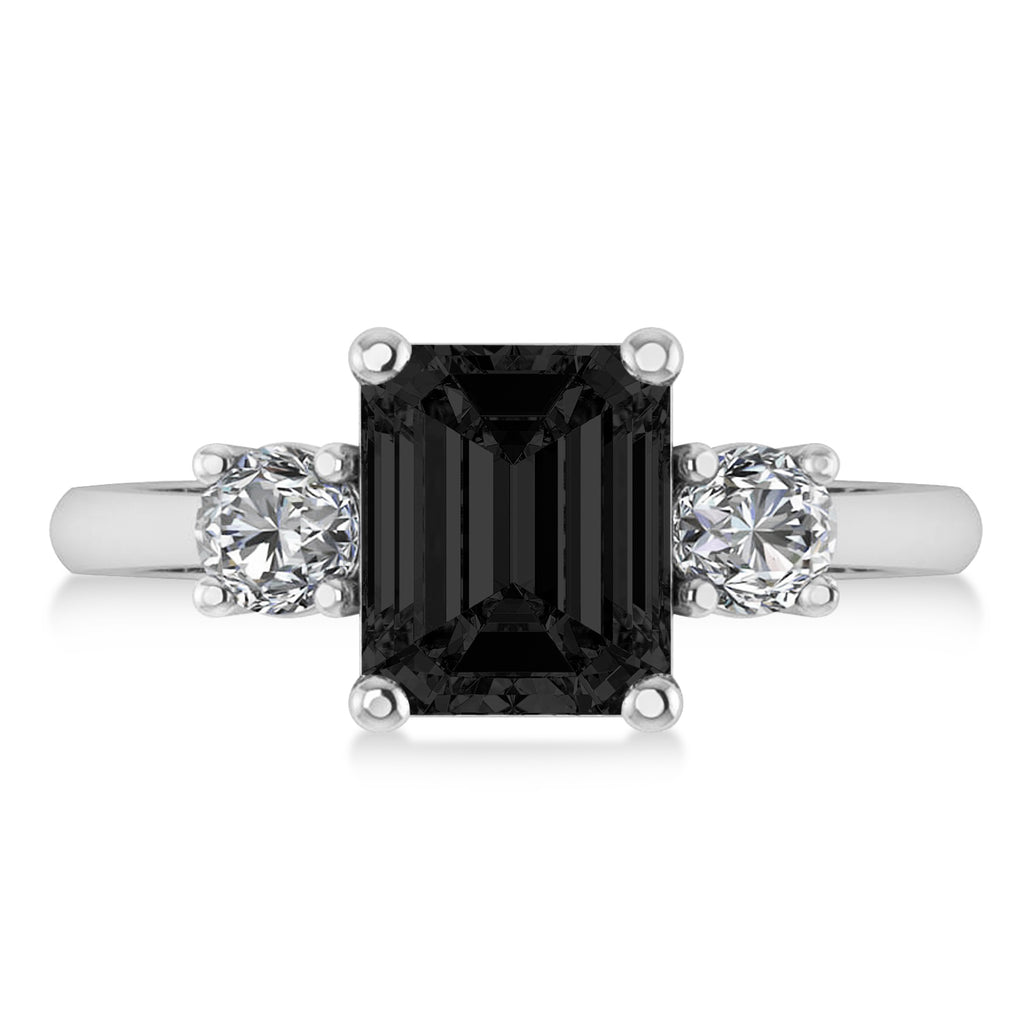 Emerald & Round 3-Stone Black & White Diamond Engagement Ring 14k White Gold (3.00ct)