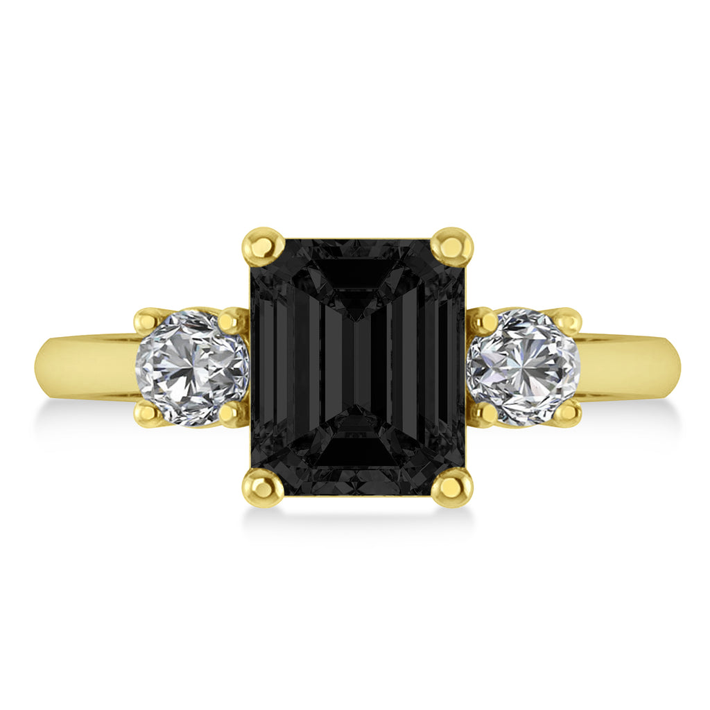 Emerald & Round 3-Stone Black & White Diamond Engagement Ring 14k Yellow Gold (3.00ct)