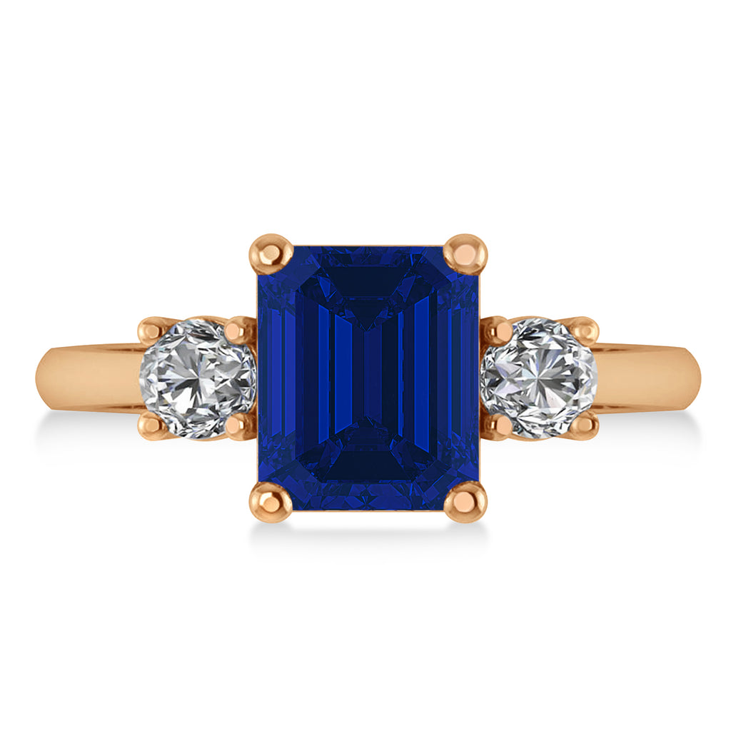 Emerald & Round 3-Stone Blue Sapphire & Diamond Engagement Ring 14k Rose Gold (3.00ct)
