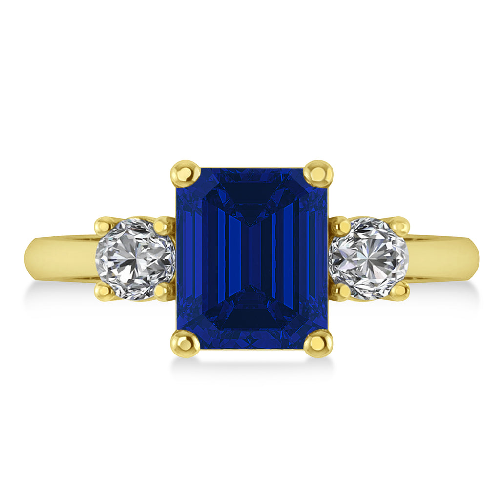 Emerald & Round 3-Stone Blue Sapphire & Diamond Engagement Ring 14k Yellow Gold (3.00ct)