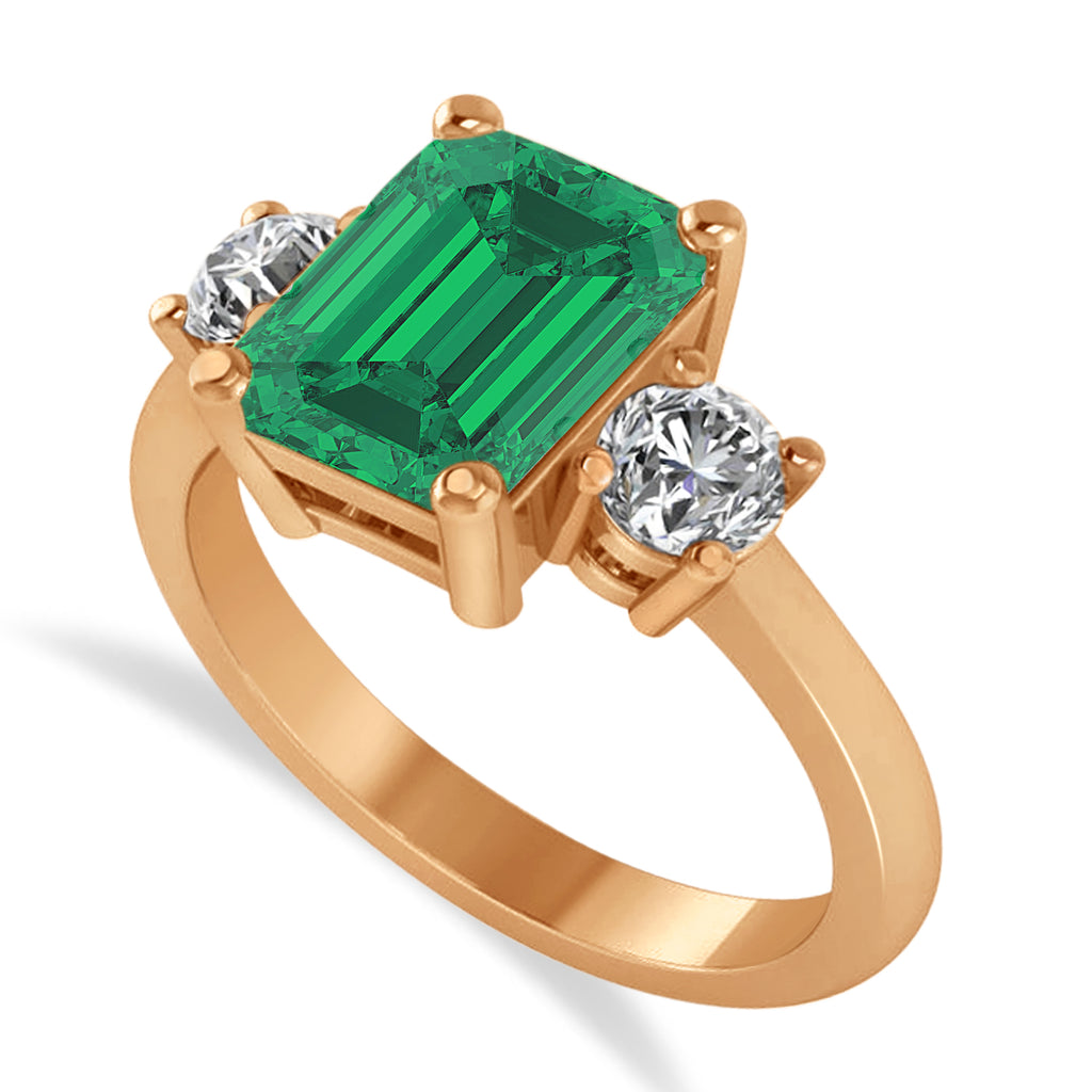 Emerald & Round 3-Stone Emerald & Diamond Engagement Ring 14k Rose Gold (3.00ct)