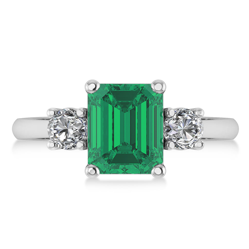 Emerald & Round 3-Stone Emerald & Diamond Engagement Ring 14k White Gold (3.00ct)