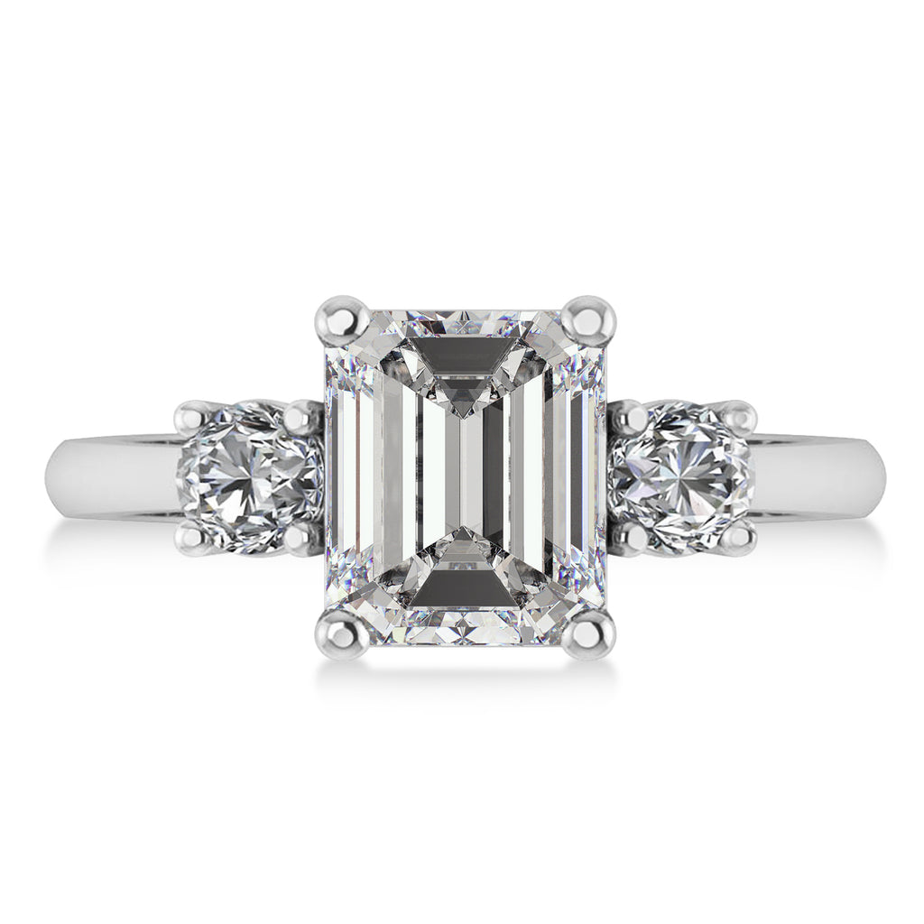 Emerald & Round 3-Stonee Moissanite & Diamond Engagement Ring 14k White Gold (3.00ct)