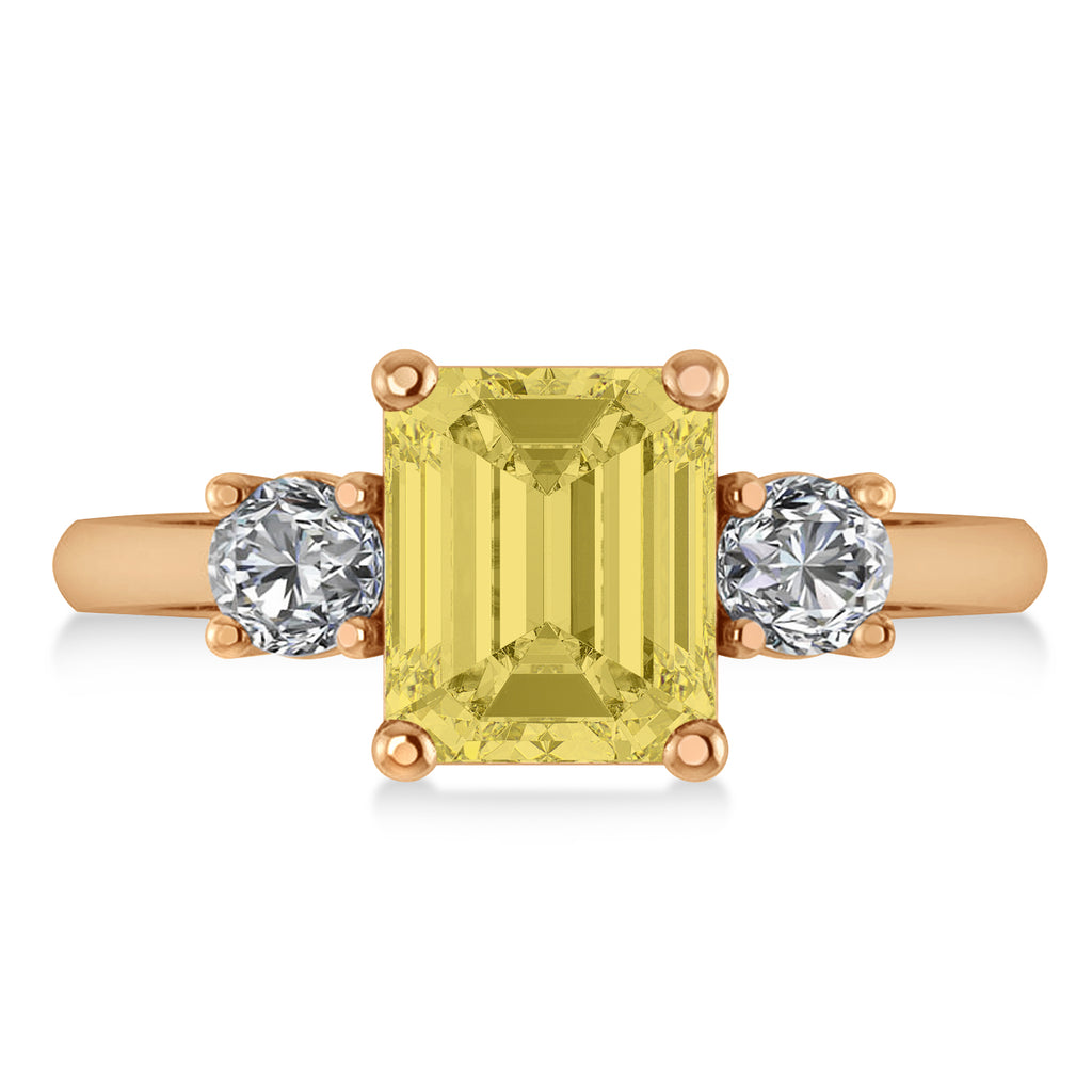 Emerald & Round 3-Stone Yellow & White Diamond Engagement Ring 14k Rose Gold (3.00ct)