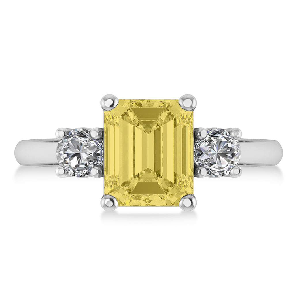 Emerald & Round 3-Stone Yellow & White Diamond Engagement Ring 14k White Gold (3.00ct)