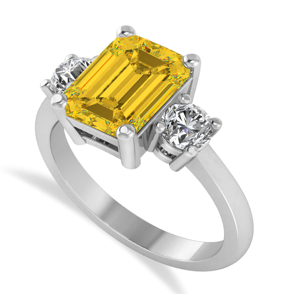 Emerald & Round 3-Stone Yellow Sapphire & Diamond Engagement Ring 14k White Gold (3.00ct)