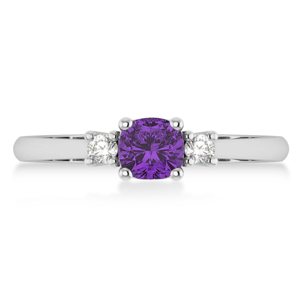 Cushion Amethyst & Diamond Three-Stone Engagement Ring 14k White Gold (0.60ct)