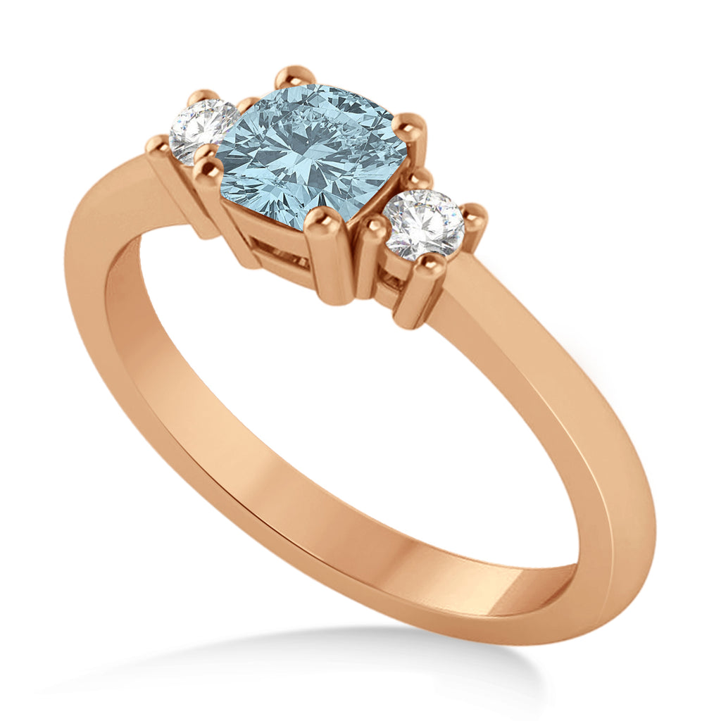 Cushion Aquamarine & Diamond Three-Stone Engagement Ring 14k Rose Gold (0.60ct)