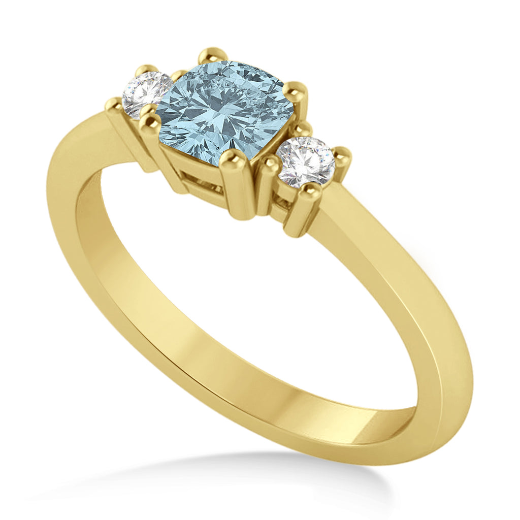 Cushion Aquamarine & Diamond Three-Stone Engagement Ring 14k Yellow Gold (0.60ct)