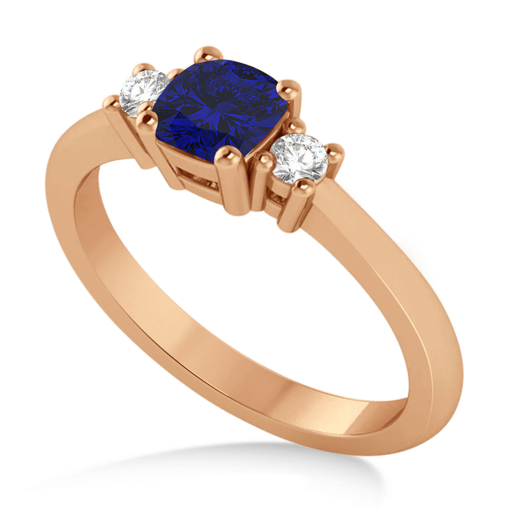 Cushion Blue Sapphire & Diamond Three-Stone Engagement Ring 14k Rose Gold (0.60ct)