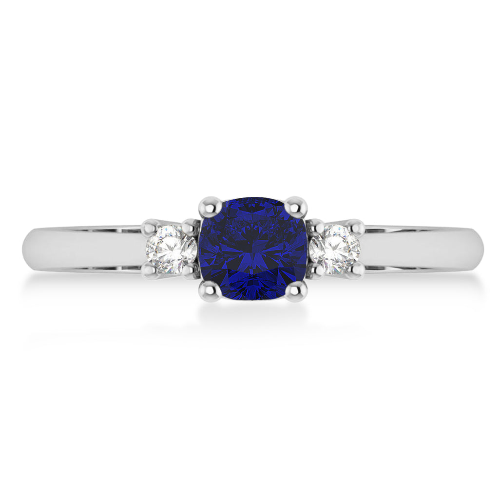 Cushion Blue Sapphire & Diamond Three-Stone Engagement Ring 14k White Gold (0.60ct)