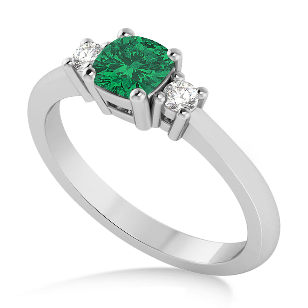 Cushion Emerald & Diamond Three-Stone Engagement Ring 14k White Gold (0.60ct)