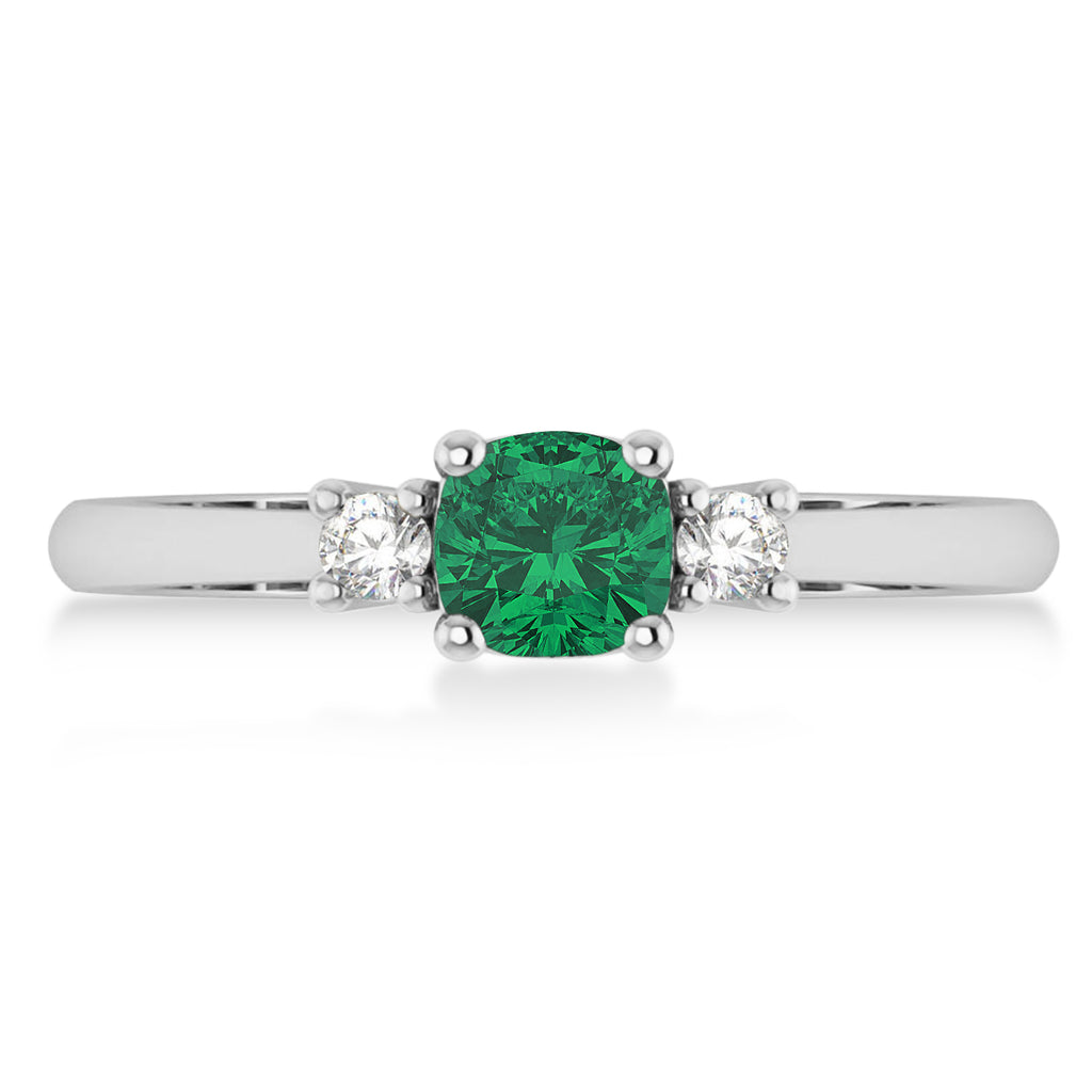Cushion Emerald & Diamond Three-Stone Engagement Ring 14k White Gold (0.60ct)