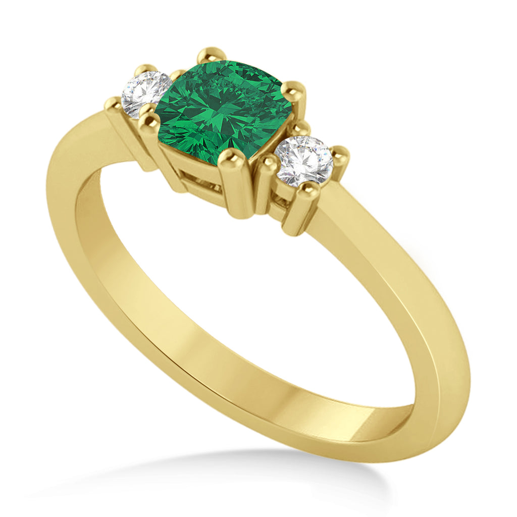 Cushion Emerald & Diamond Three-Stone Engagement Ring 14k Yellow Gold (0.60ct)