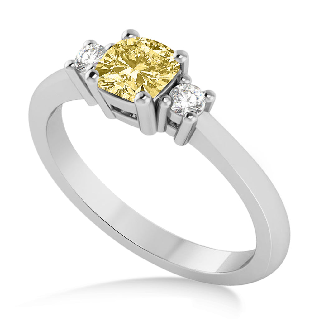 Cushion Yellow & White Diamond Three-Stone Engagement Ring 14k White Gold (0.60ct)