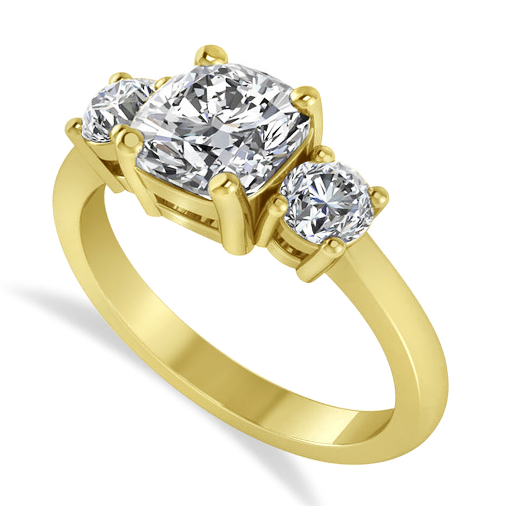 Cushion & Round 3-Stone Diamond Engagement Ring 14k Yellow Gold (2.50ct)