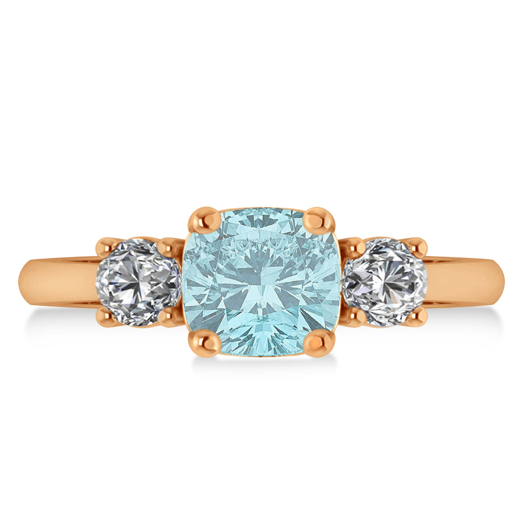 CuCushion & Round 3-Stone Aquamarine & Diamond Engagement Ring 14k Rose Gold (2.50ct)