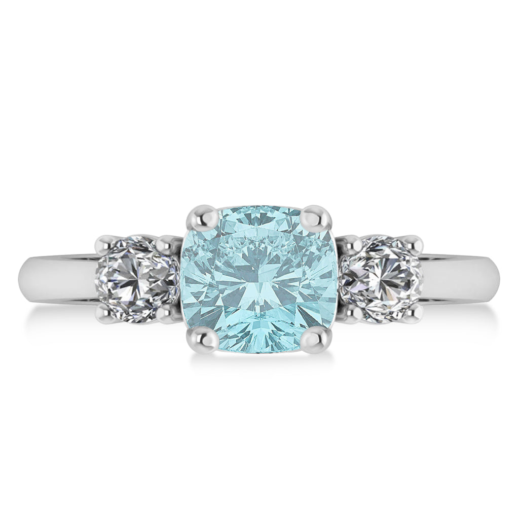 Cushion & Round 3-Stone Aquamarine & Diamond Engagement Ring 14k White Gold (2.50ct)