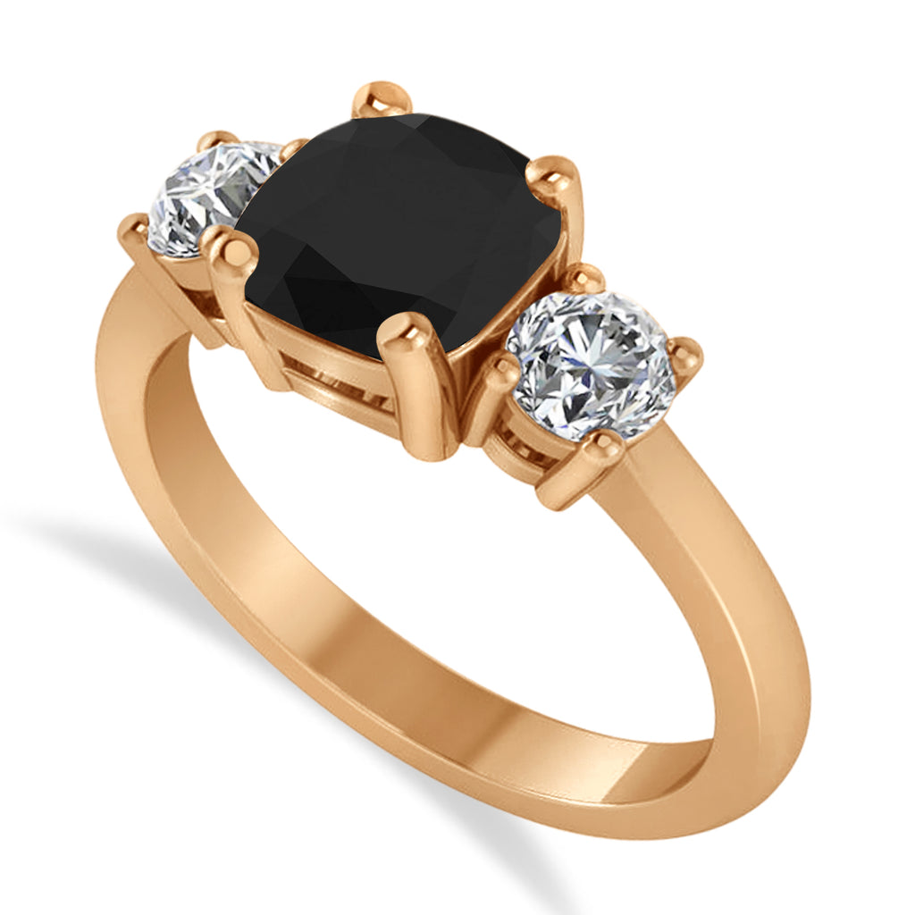 Cushion & Round 3-Stone Black & White Diamond Engagement Ring 14k Rose Gold (2.50ct)