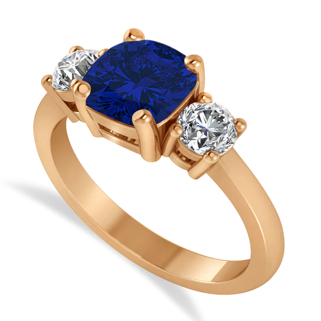 Cushion & Round 3-Stone Blue Sapphire & Diamond Engagement Ring 14k Rose Gold (2.50ct)