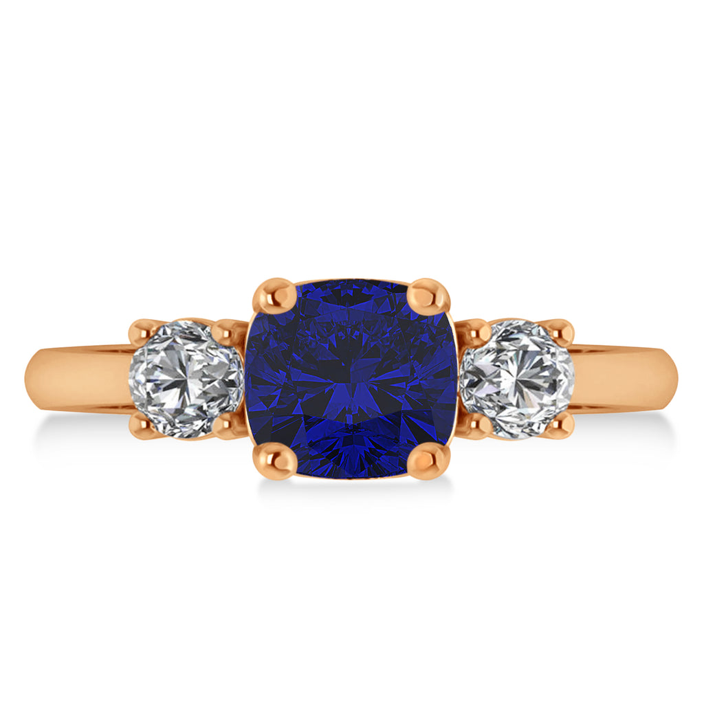 Cushion & Round 3-Stone Blue Sapphire & Diamond Engagement Ring 14k Rose Gold (2.50ct)