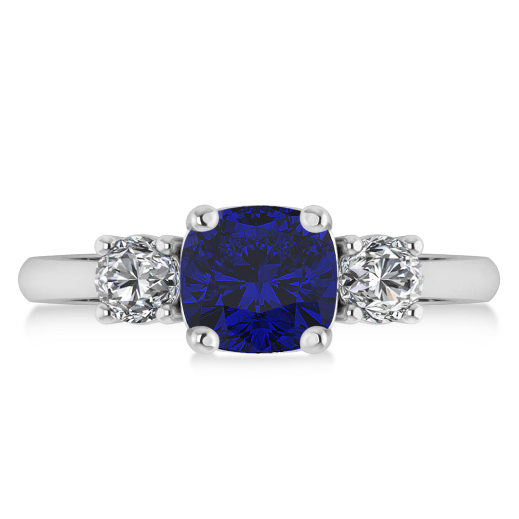 Cushion & Round 3-Stone Blue Sapphire & Diamond Engagement Ring 14k White Gold (2.50ct)