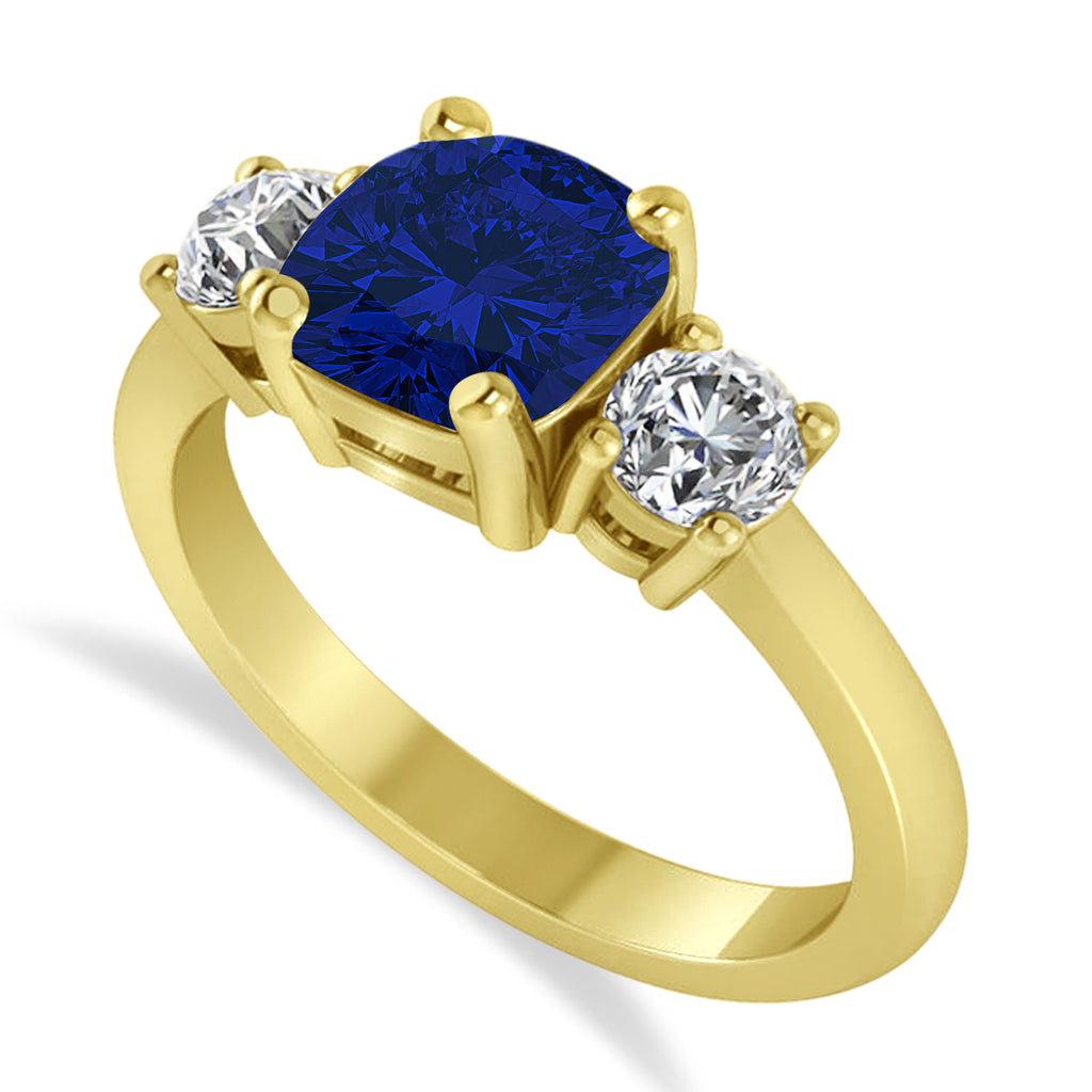 Cushion & Round 3-Stone Blue Sapphire & Diamond Engagement Ring 14k Yellow Gold (2.50ct)