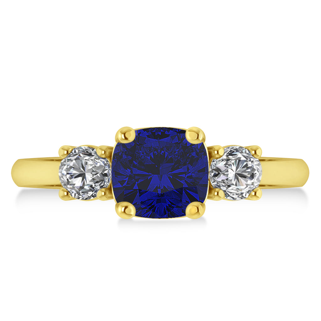 Cushion & Round 3-Stone Blue Sapphire & Diamond Engagement Ring 14k Yellow Gold (2.50ct)